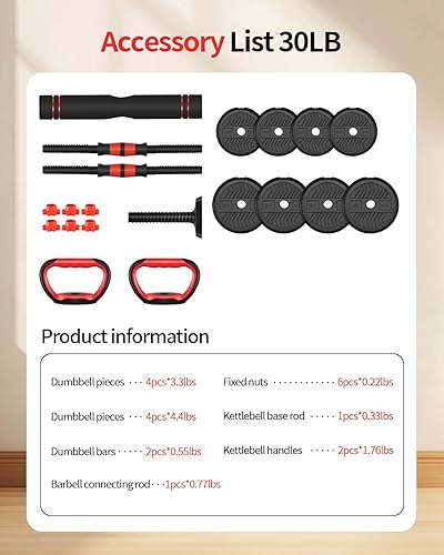 Miniatura 2 de Mancuernas ajustables, juego de pesas libres de 20/30/40/60/80 libras con conector, juego de mancuernas 4 en 1 utilizadas como barra/pesas Negro 30