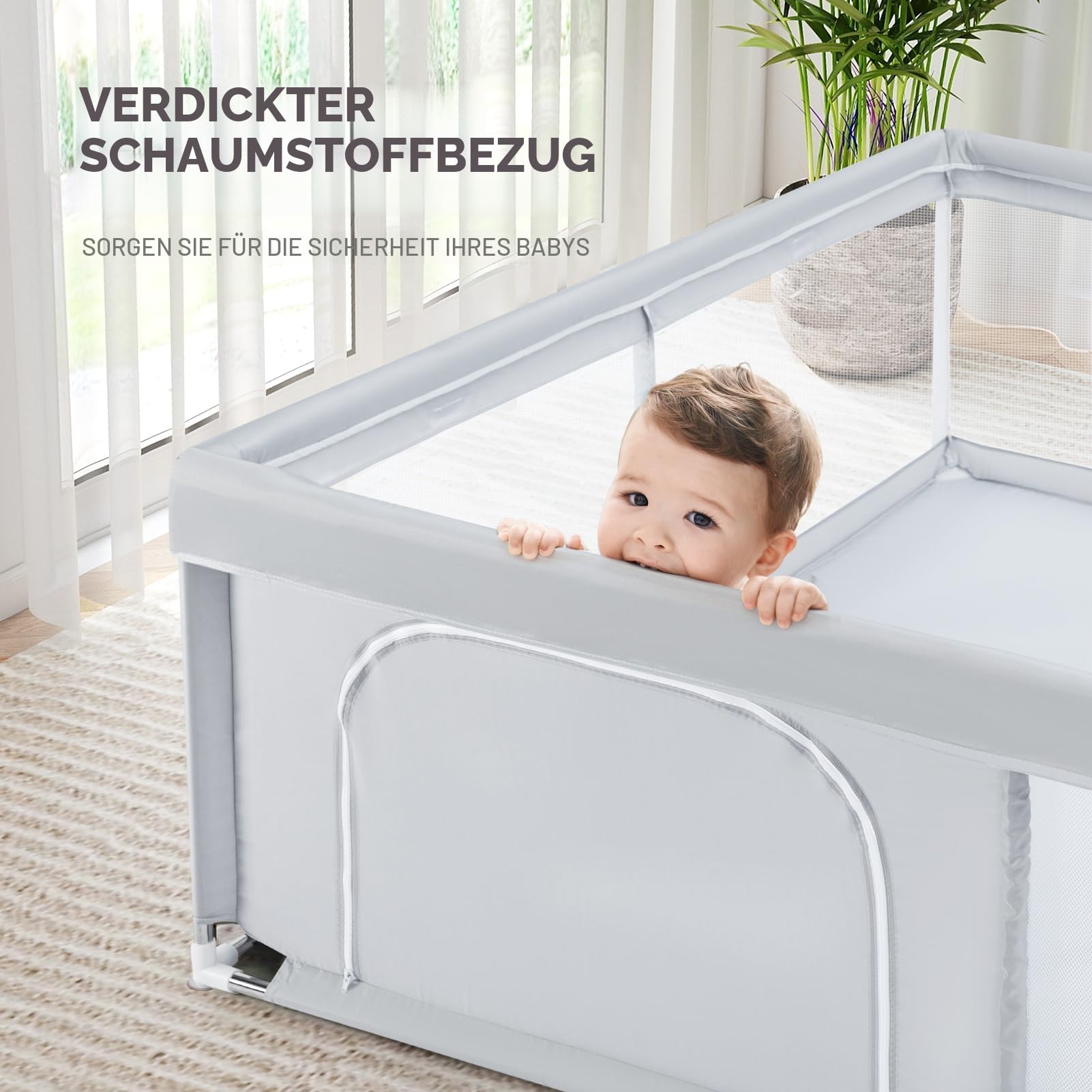 BEJOY Großer Laufstall Laufgitter XXL 180*200 cm, Kompakt und Stark, Schaumstoffschutz Rutschfester mit Transparentem, Atmungsaktivem Netz, Reißverschluss für Babys & Kleinkinder Indoor & Outdoor