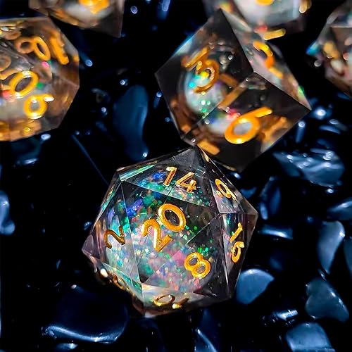 Miniatura 8 de Dados DND de resina, juego de 7 dados hechos a mano con bordes afilados, juego de dados poliédricos para dados de mazmorras y dragones, dados D&amp;D