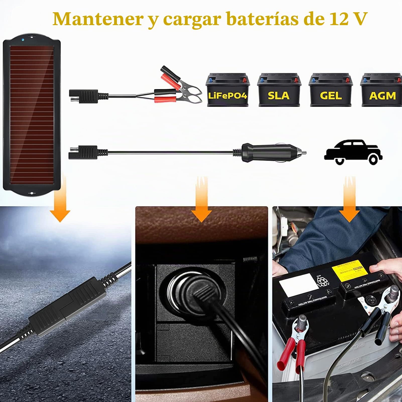 Cargador de batería solar de 12 V, mantenedor y cargador de batería, 2,5 W, kit de carga de goteo de panel solar portátil para automóviles, motocicletas, barcos, caravanas, remolques, etc.