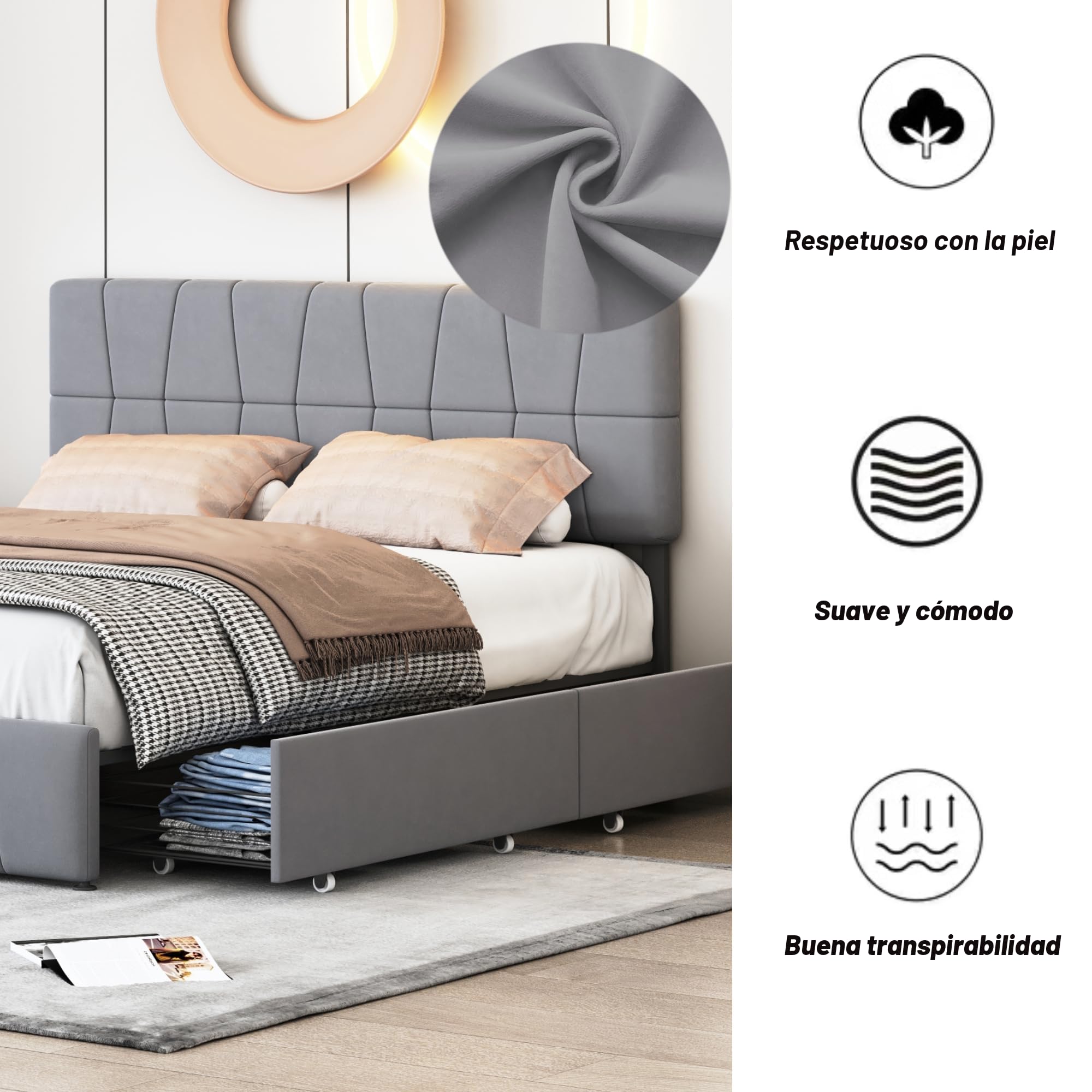 Callicarpa Cama tapizada de 160 x 200 cm con cabecero, cama de matrimonio con 4 cajones de almacenamiento, cama con espacio de almacenamiento, cabecero ajustable, cama de almacenamiento, respaldo de