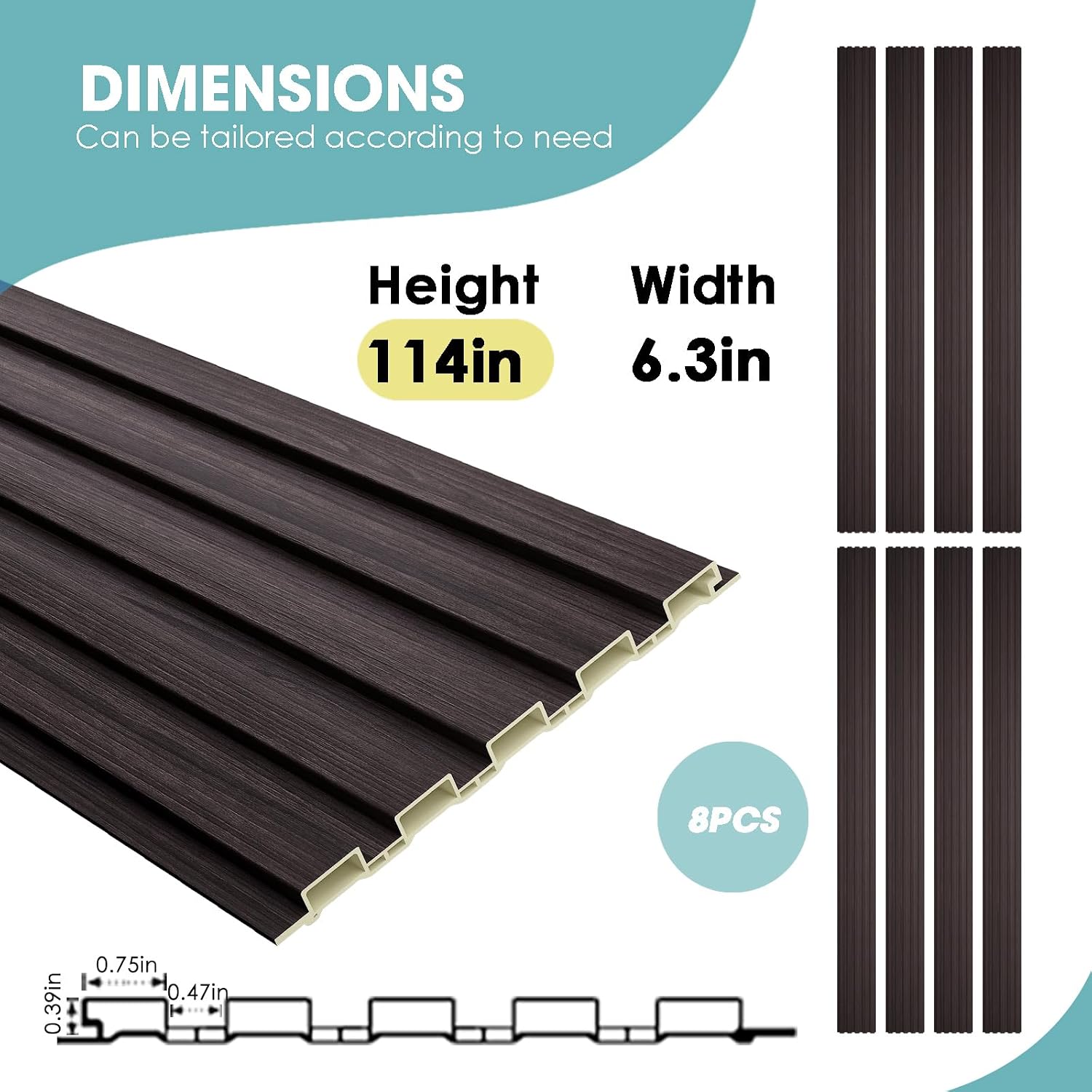 OUZUGIE WPC Acoustic Slat Wall Paneling, 8-Pack 114 x 6 Inches 3D Wall Panels for Interior Wall Decor,Living Room,TV Background,Study Room,Office Spaces,Bedroom,Low Grille (Walnut)