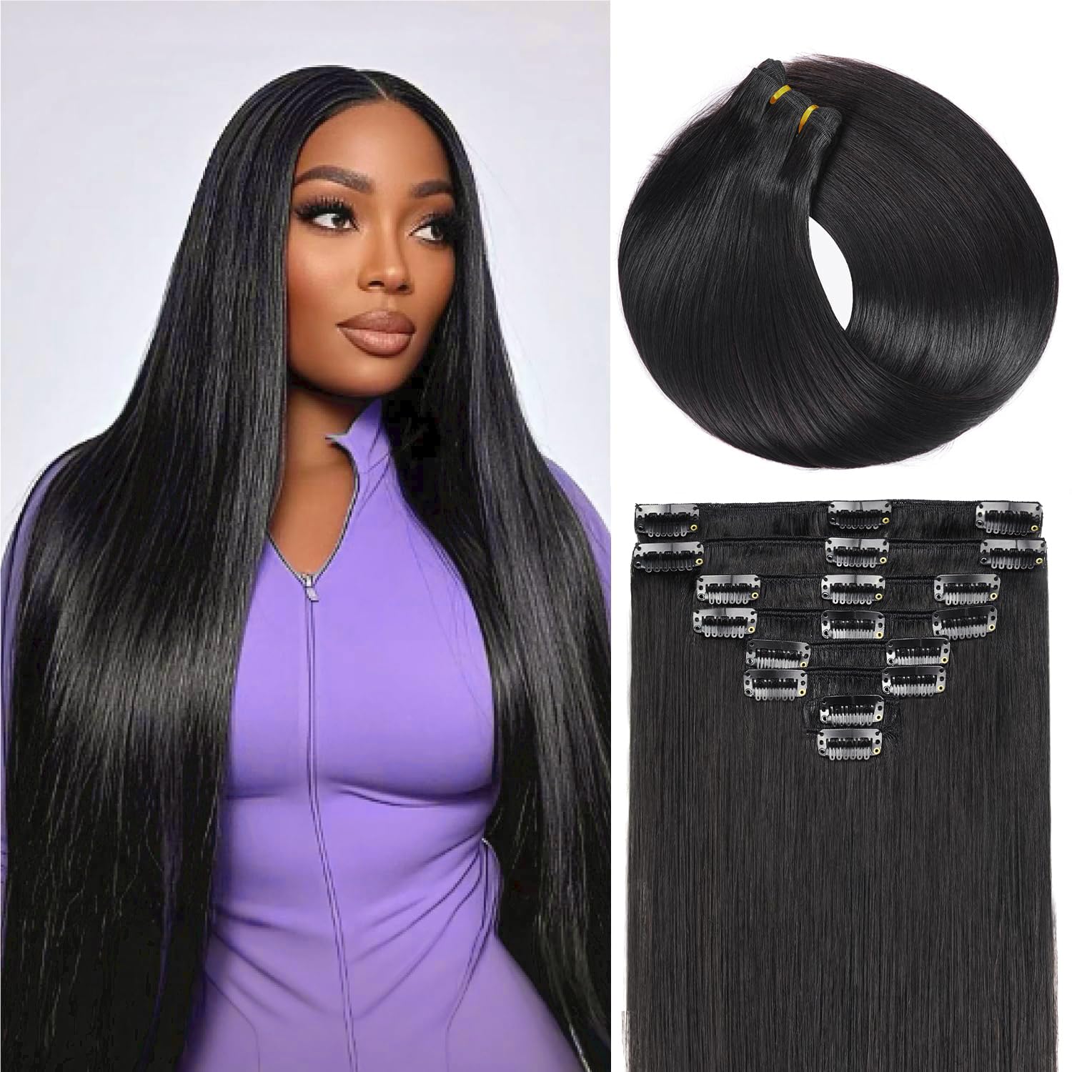 Nuzusa Clip in Hair Extensions Real Human Hair,100% Seamless Remy Human Hair Straight,Clip Extensions for Women, 8pcs Per Set with Double Weft,1B
