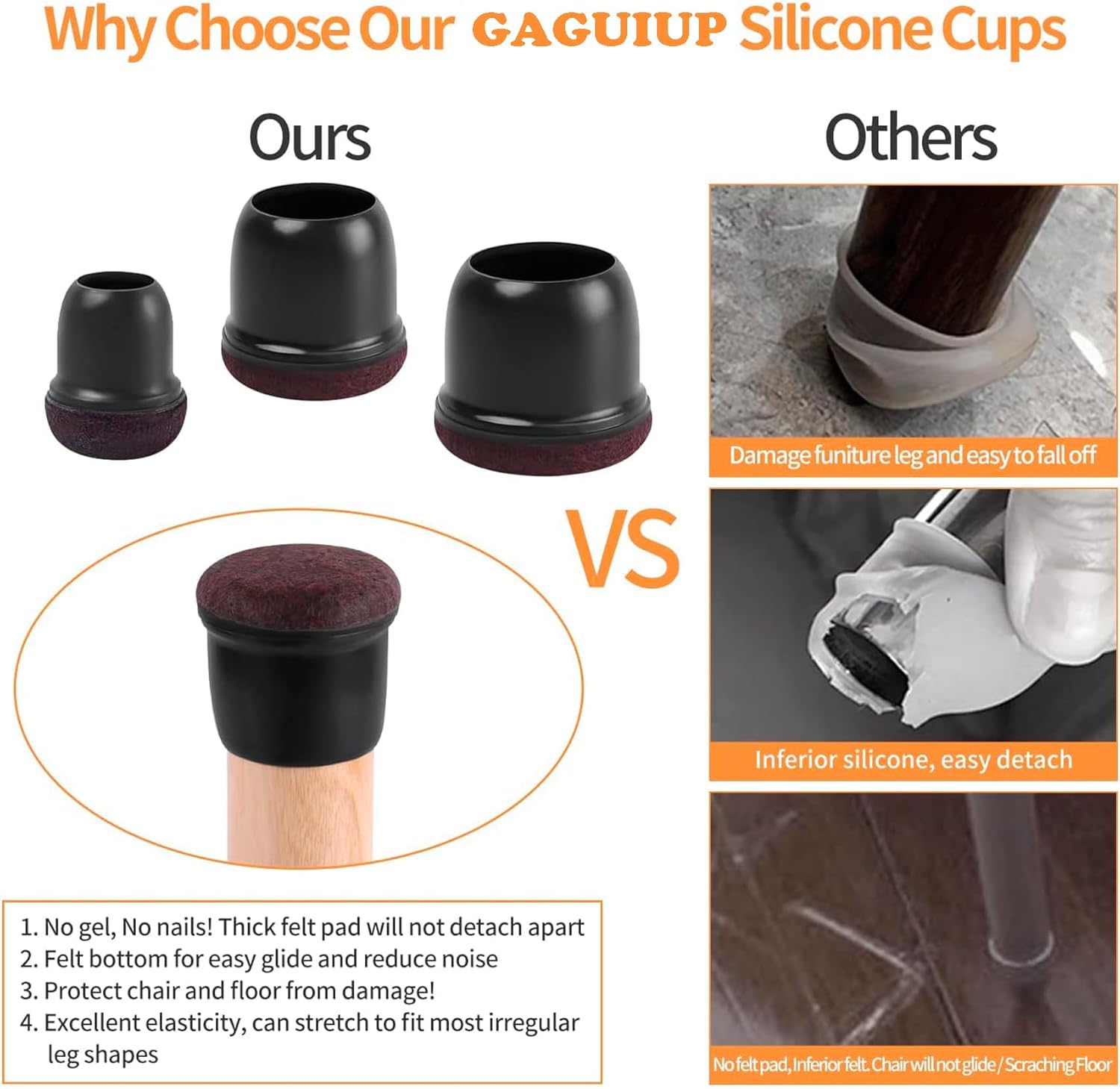 Silicone Chair Leg Floor Protectors with Felt, 16PCS Folding Card Table and Chairs End Tips Chair Leg Caps for Hardwood Floor, Black Metal Furniture Feet Floor Protectors(Round, Fit:0.75"-1.1")