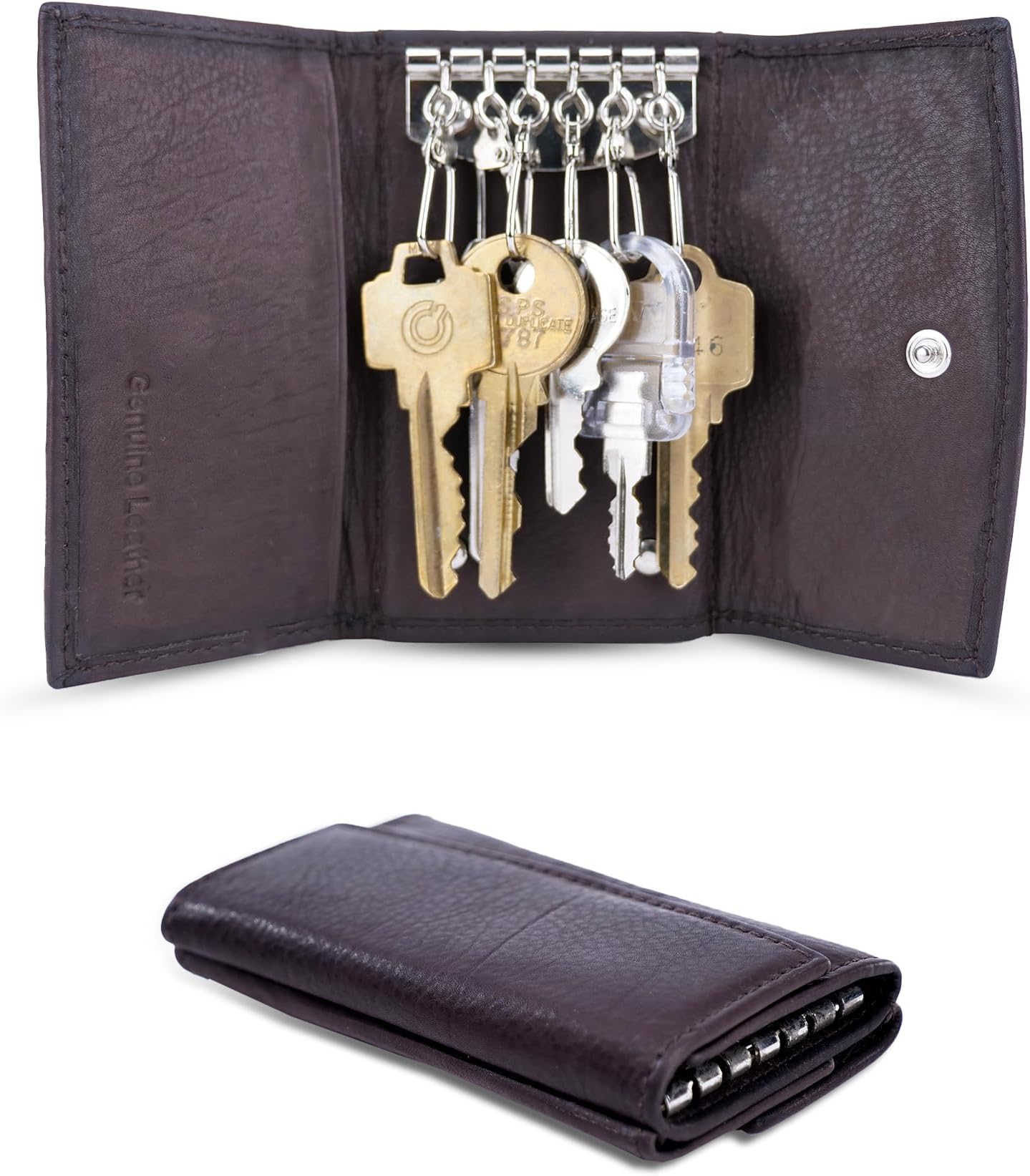 Li Fine Stitched Cowhide Leather Key Holder - Compact Key Organizer With 6 Hooks & Spacious Card & Money Storage - Secure & Durable Brown Case