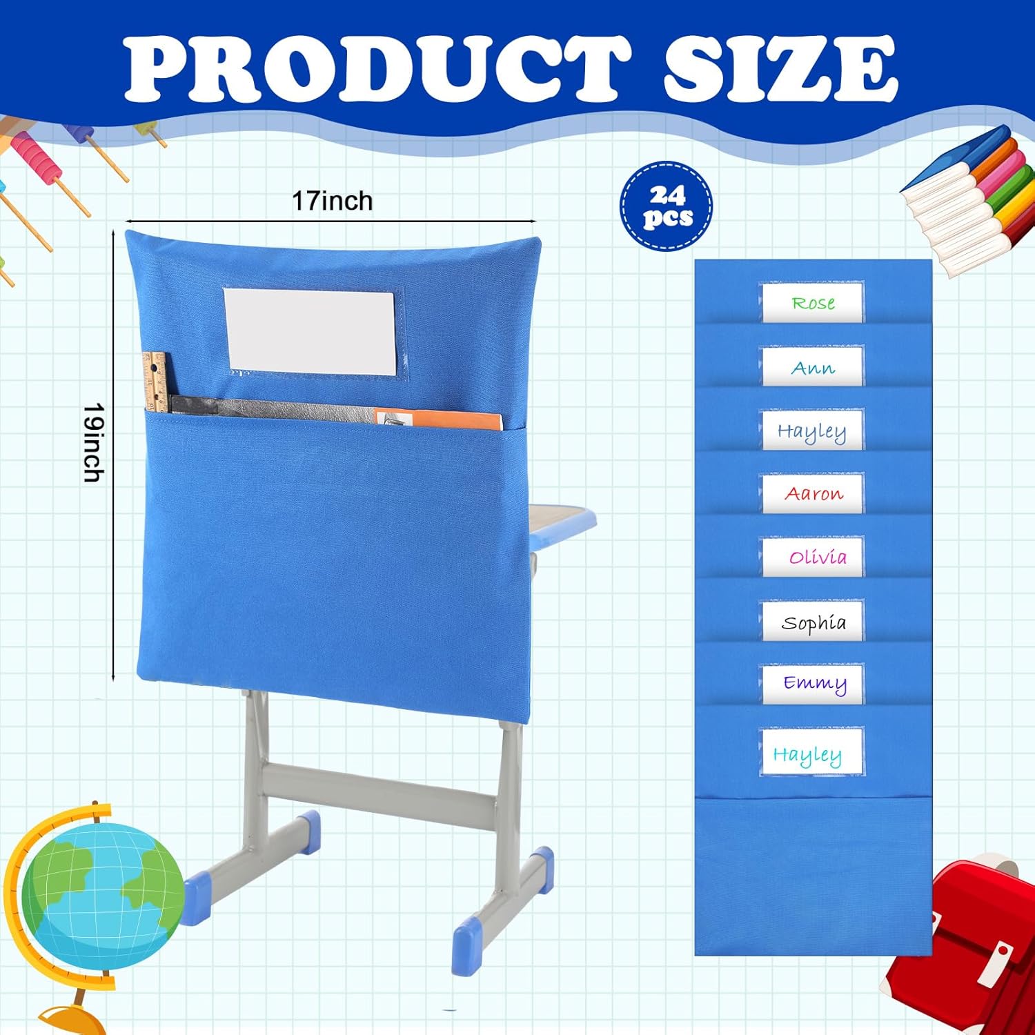 Sanwuta 24 Pcs Chair Pockets for Classrooms - 19 x 17 Inch Student Chair Pockets with Name Tag Classroom Seat Organizer for Kindergarten Primary School Home(Blue)