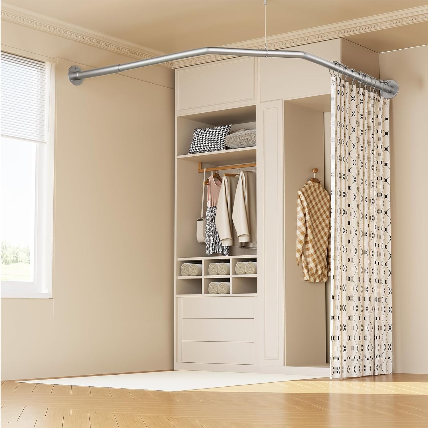 Diamond Shaped Shower Curtain Rod, Adjustable [Both Sides: 22.5" - 35.4", Middle: 12.6" /28.3" / 43.7"] Corner Shower Rod Pole for Bathroom, Clothing Store with 12 Hooks & Ceiling Support