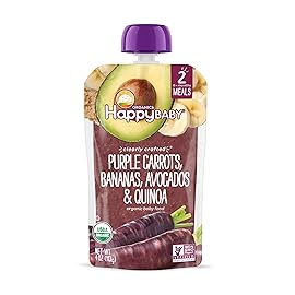 Happy Baby Organics Stage 2 Baby Food Pouches, Gluten Free, Vegan & Healthy Snack, Clearly Crafted Fruit & Veggie Puree, Purple Carrots, Bananas, Avocados & Quinoa, 4 Ounces (Pack of 16)