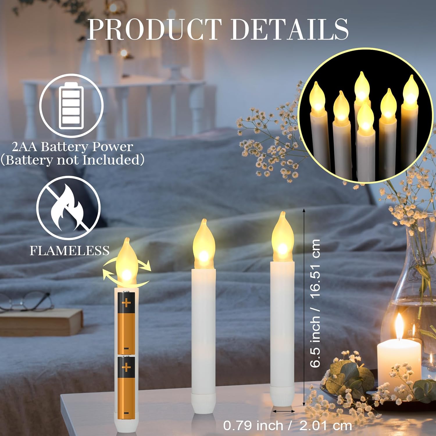 Macarrie 108 Pieces Flameless LED Taper Candles Battery Operated Candles, Flickering Light Electric Handheld Candlesticks, Halloween Christmas Church Party Weddings Decoration(White, Warm White Light) - Image 2