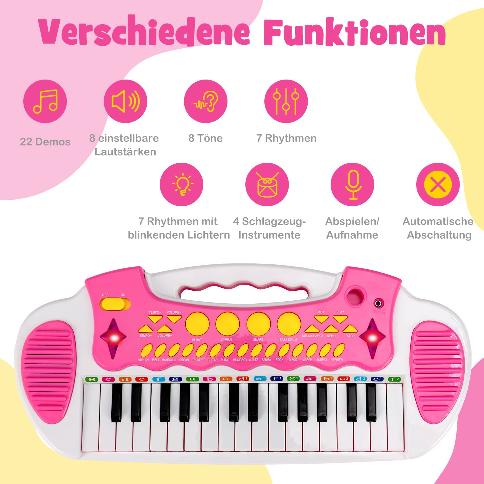 COSTWAY Kinderkeyboard met 31 toetsen, draagbaar muziekinstrument met meerdere geluiden en lichteffecten, verstelbare microfoon en kruk, schattig speelgoedpiano voor kinderen vanaf 3 jaar (roze