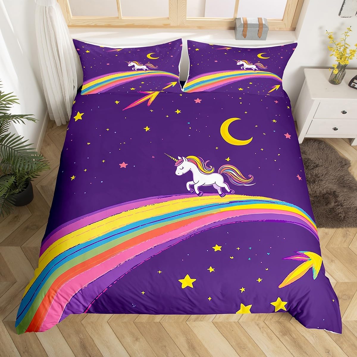 jejeloiu Girls Unicorn Comforter Cover Toddler Rainbow Galaxy Pattern Bedding Set for Kids Boys Dreamy Fairy Tale Cartoon Animal Duvet Cover Room Decor（No Comforter
