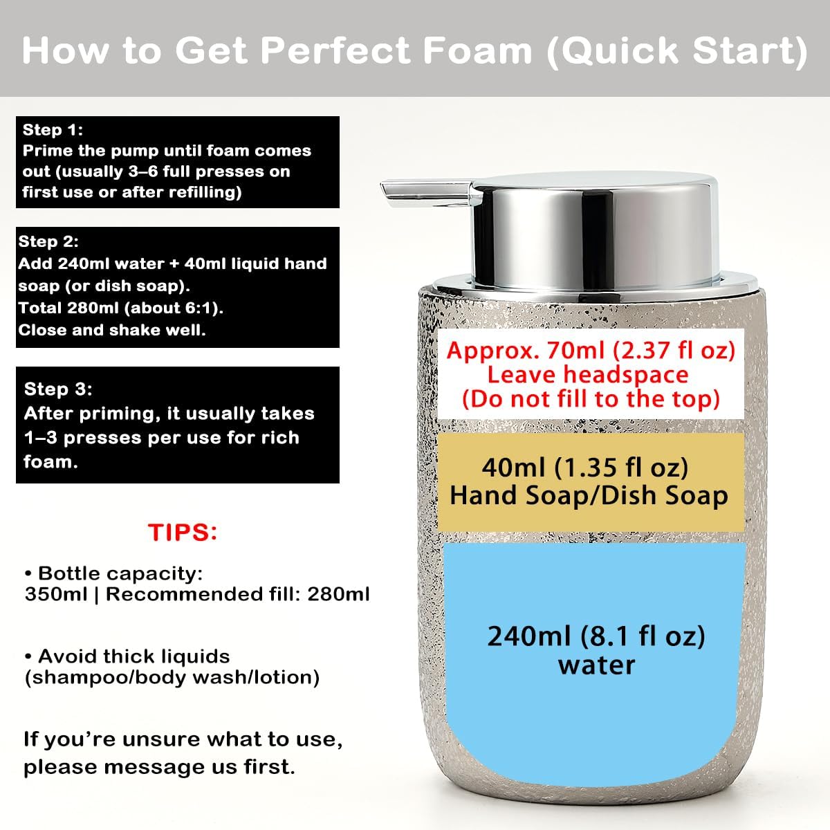 2pcs Foaming Soap Dispenser Set,12oz Bathroom Foam Dispenser with Pump,Foaming Hand Soap Bottle for Countertop,Luxury Dish Soap Dispenser Set(Silver&Ceramic) - Image 3