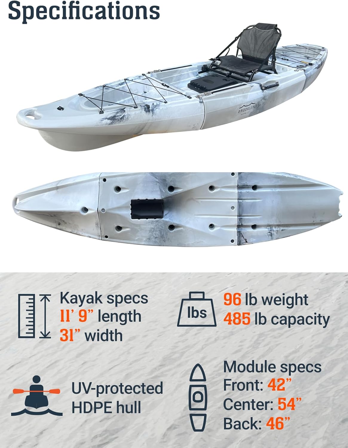 Upgraded Brooklyn 12.0 Modular Sit-On-Top Kayak by BKC, 3-Piece Portable Single Kayak for Fishing & Recreation, Stable Full-Size Performance, Front & Rear Storage, Apartment-Friendly Design