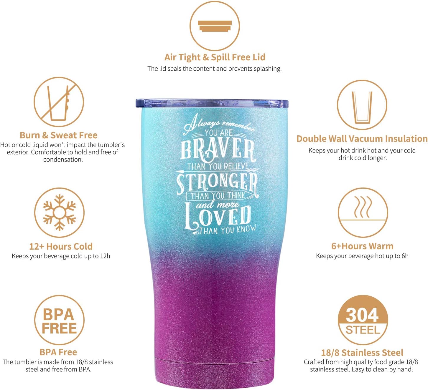 Inspirational Tumbler for Best Friend, Graduate, Retirement, or Cancer Survivor. Always Remember You Are Braver Than You Believe, Stronger and More Loved Than You Know (Purple Green Glitter, 20 Oz)