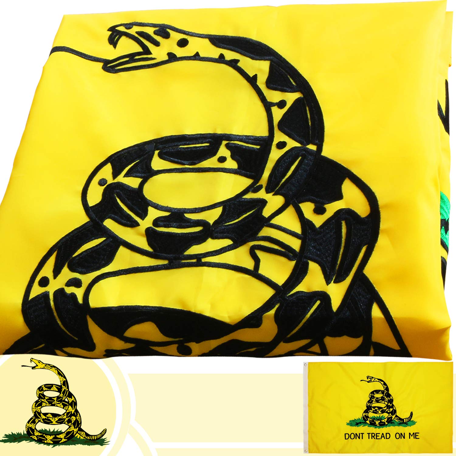 Anley EverStrong Series Embroidered Don't Tread On Me Gadsden Flag 3x5 Feet - Embroidery & Heavy Duty Canvas Header - 4 Rows of Lock Stitching - Nylon Gadsden Flags with Brass Grommets 3 X 5 Ft