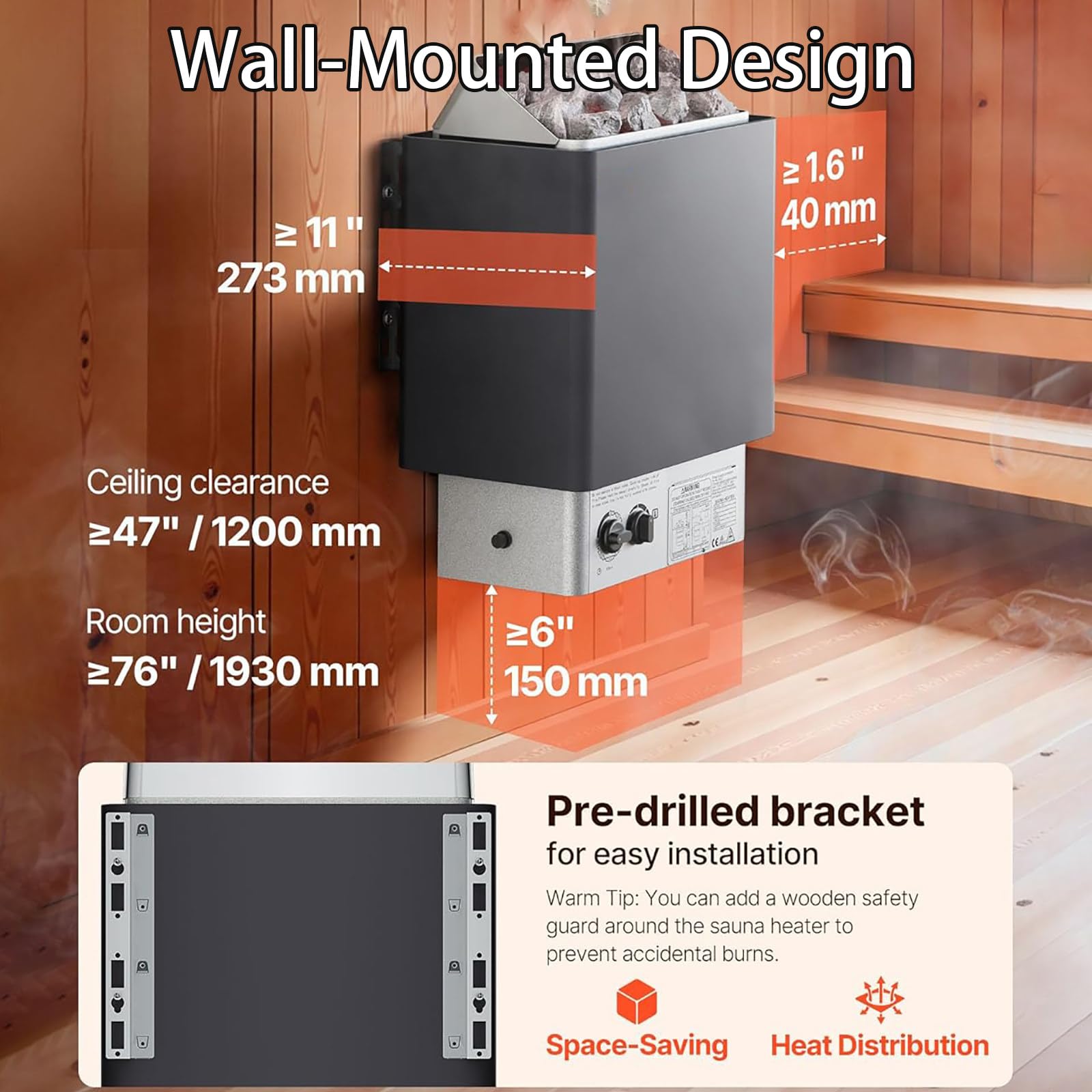 Estufa Sauna Eléctrica Profesional, Montaje en Pared, INOX, 0-80°C Regulable, Temporizador, Soporte Pretaladrado, para Sauna, Gimnasio, Centro de Bienestar, Hotel, Uso Comercial 3.0KW