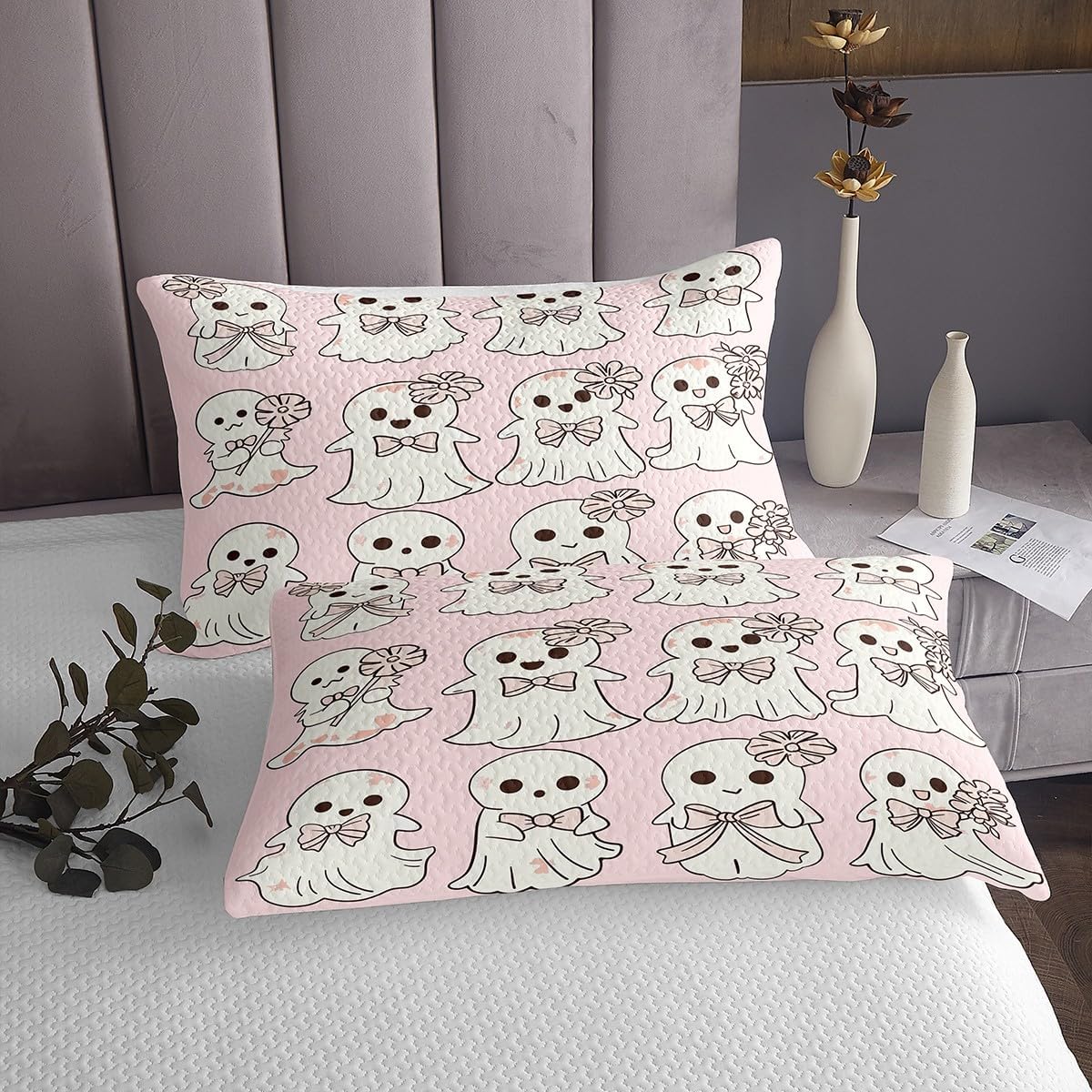 Erosebridal Kawaii Ghosts Bedspread Set King Gothic Spooky Bowknot Coverlet Set for Kids Adult Halloween Goth Horror Theme Bedding Set Girly Coquette Bow Flowers Bed Set with 2 Pillow Cases