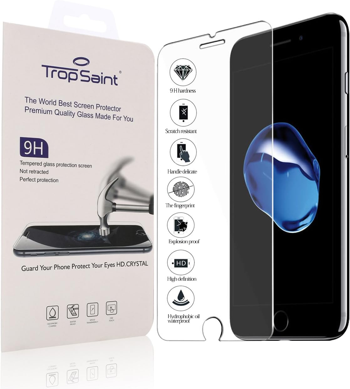 Trop Saint® Tempered Glass for iPhone 8 Plus and 7 Pus (4,7)" Hardness 9H, 0.3mm Screen Shield - Transparent