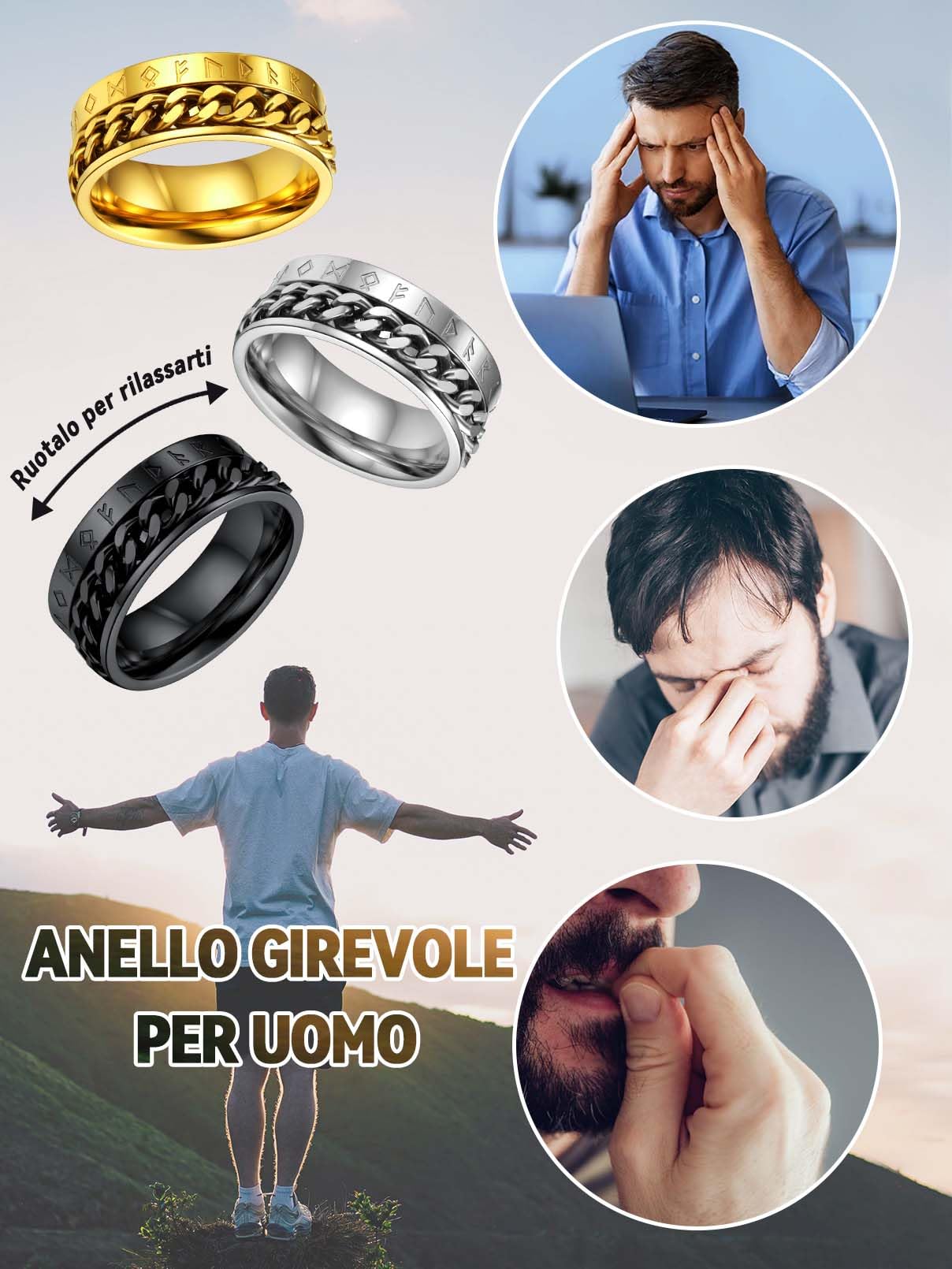 FaithHeart Anti-stress Anello Vichingo a Catena Ruotabile Ansiolitico Anello Uomo Runa Anello Personalizzabile Nome Inciso Data Inciso Anello Punk Hip-pop Taglia IT 14-32