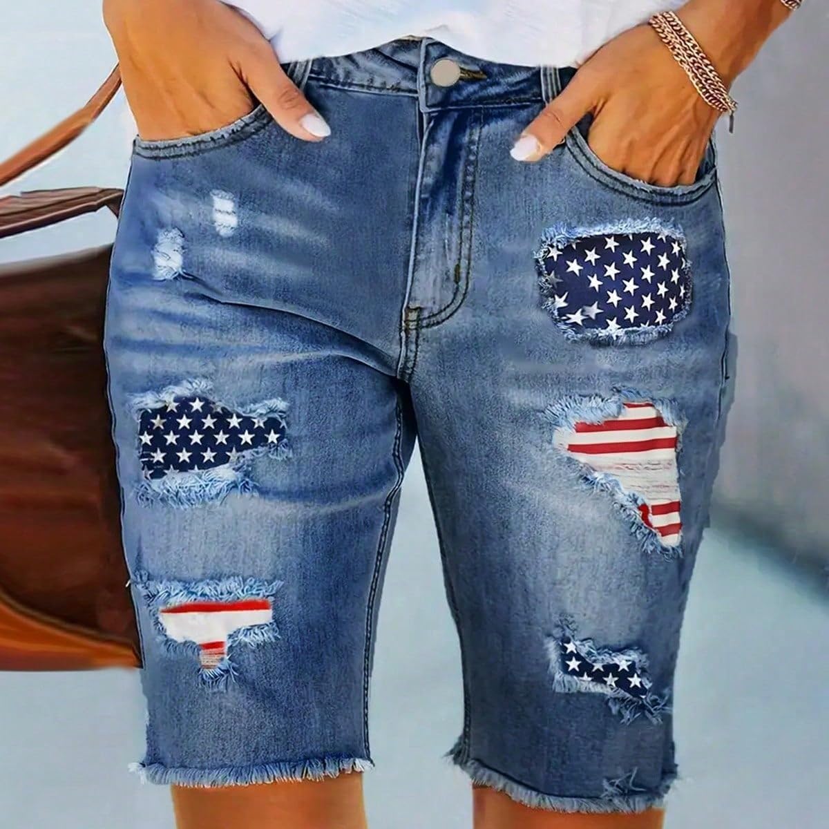 Denim Bermuda Shorts for Women American Flag Patched Mid Rise Ripped Raw Hem Knee Length Trendy Jean Patriotic Shorts