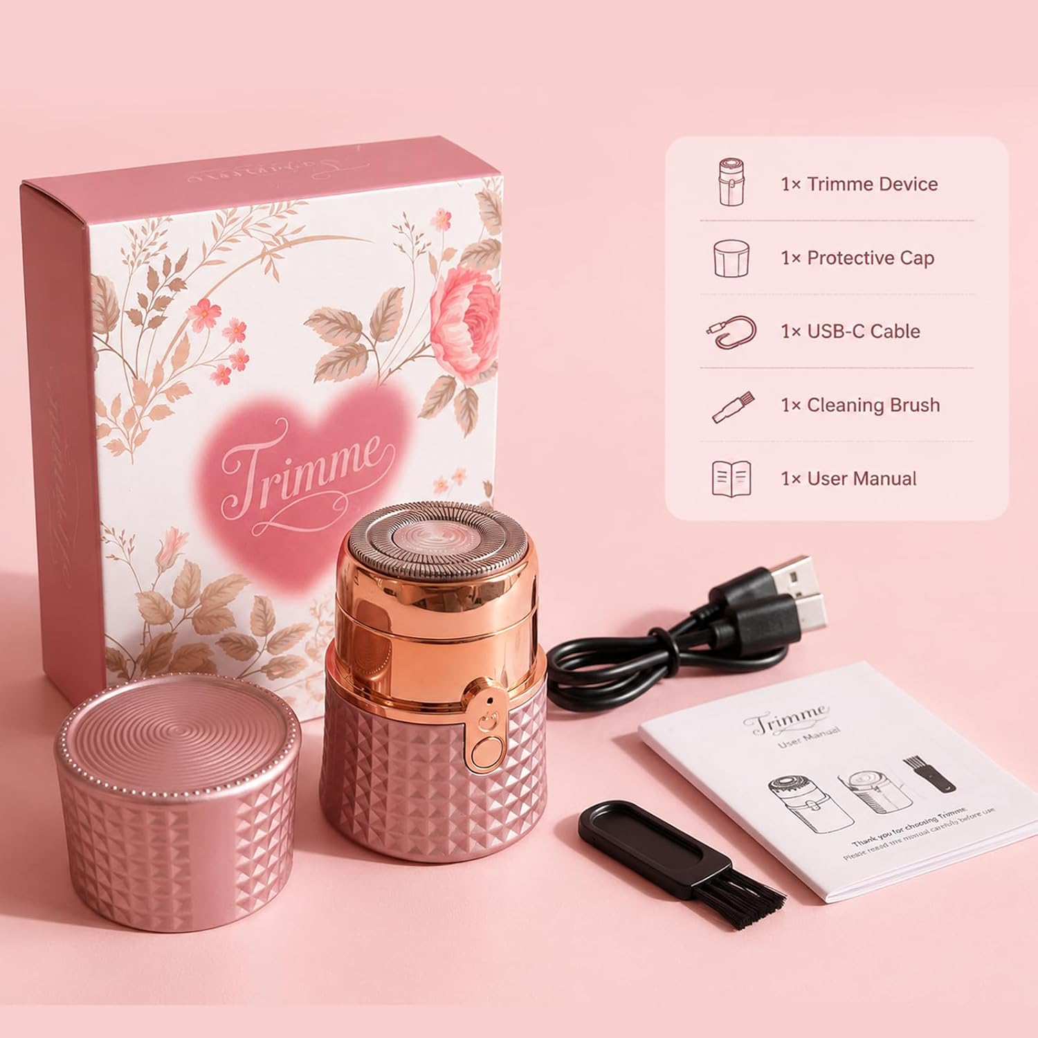 Women's Electric Shaver, Painless Foil Razor for Face, Bikini, Legs & Body, Hypoallergenic Hair Remover for Sensitive Skin, USB-C Rechargeable Compact Travel Groomer (Rose Gold)