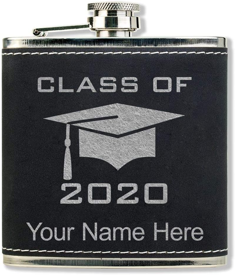 Faux Leather Flask, Grad Cap Class of 2023, 2024, 2025, 2026, 2027, Personalized Engraving Included (Gray)