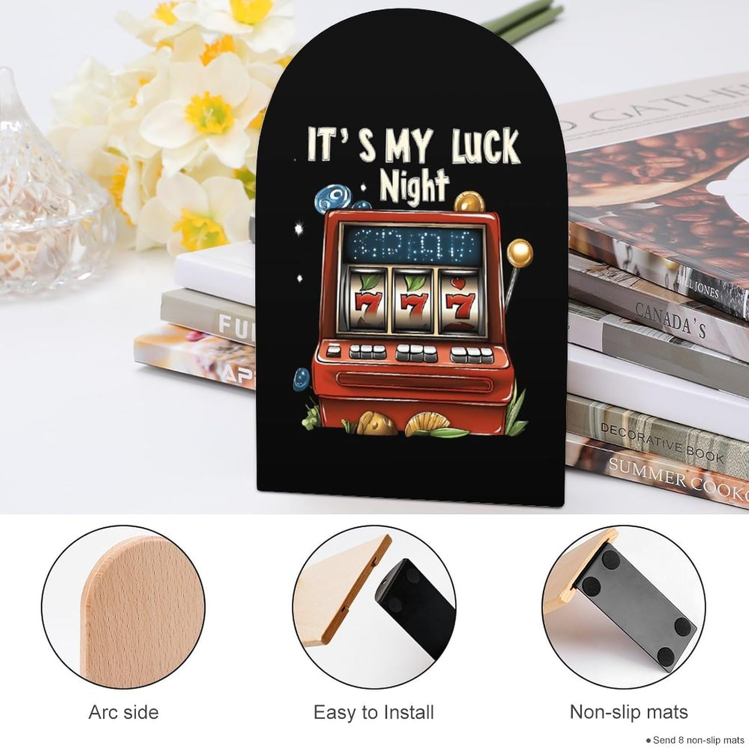 It's My Luck Night Casino Cute Wood Book Ends Decorative Bookends 1 Pair Non-Skid for Shelves Home Office 7 X 5 Inch