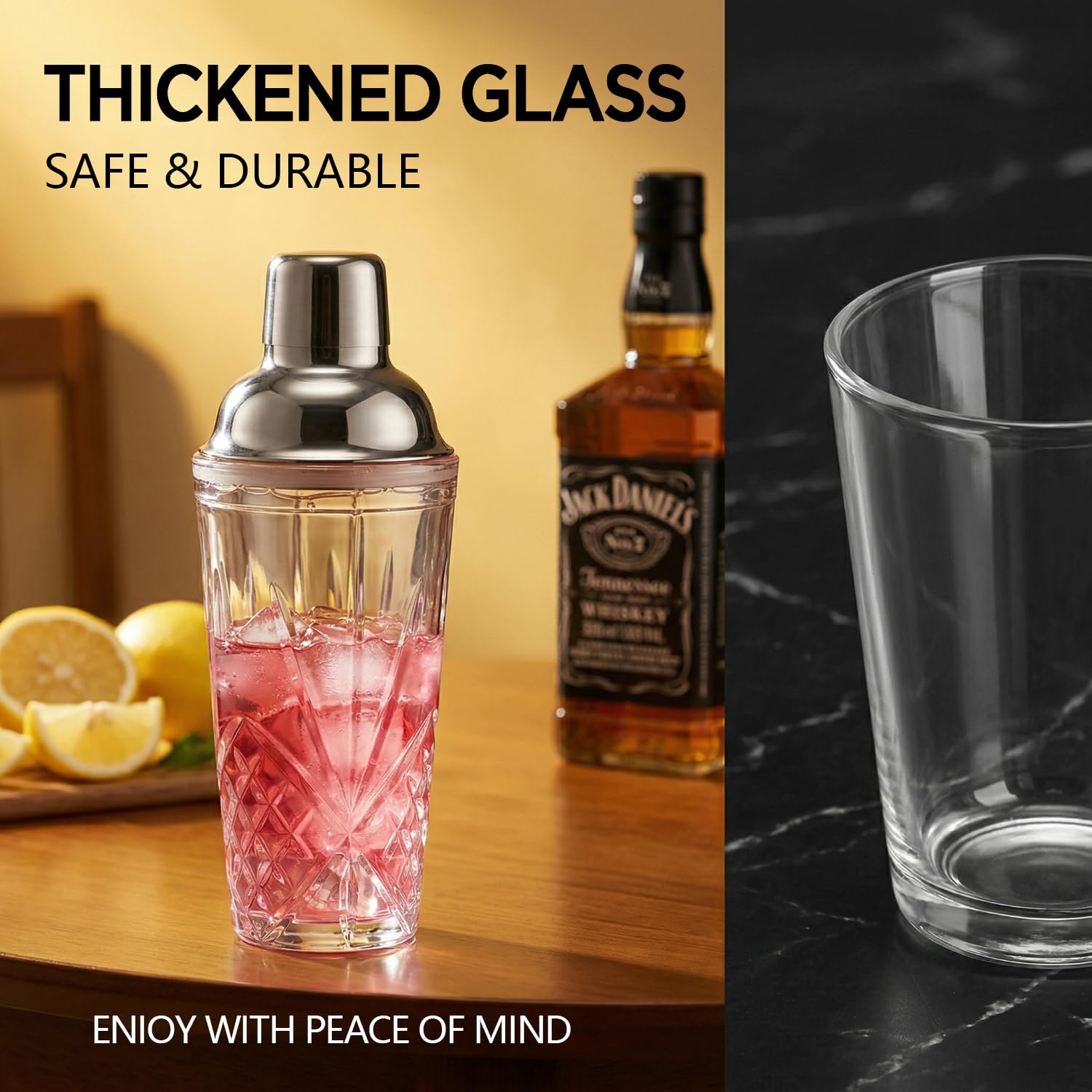 Kit de coctelera de vidrio, juego de fabricación de cócteles sin alcohol de Martini de 14.5 onzas con tapa de acero metálico a prueba de fugas y colador para uso doméstico y carrito de bar,