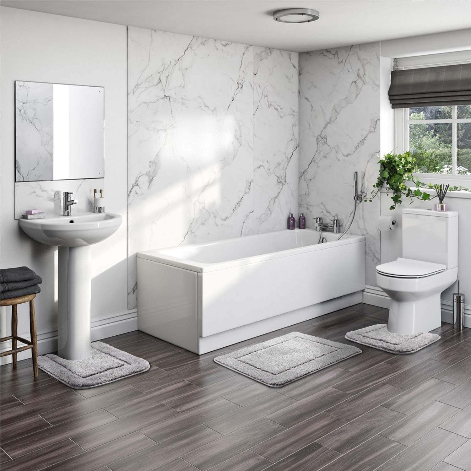 SOANNY Grey Bath Rug Mat Set of 2, High Density Soft Microfiber Non Slip Bathroom Mats with Water Absorbent, 21''x34'' Bathtub Carpet & 20''x20'' Toilet Pedestal Mat, Shower Rugs Machine Washable