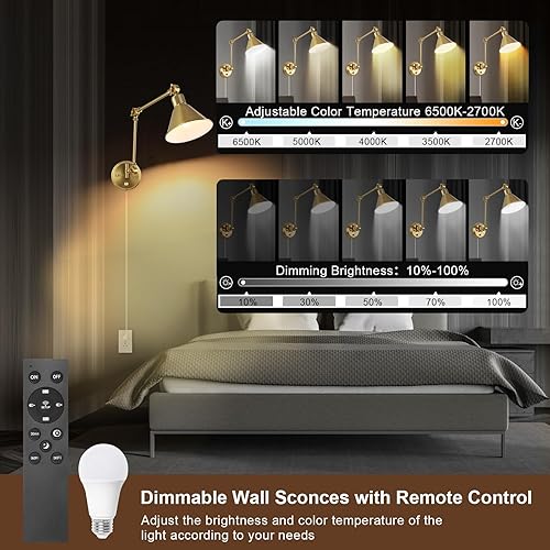 Miniatura 2 de TRLIFE Aplique de pared con control remoto, apliques de pared de latón cepillado, regulables y con temperatura de color ajustable, 2700 K-6000 K,