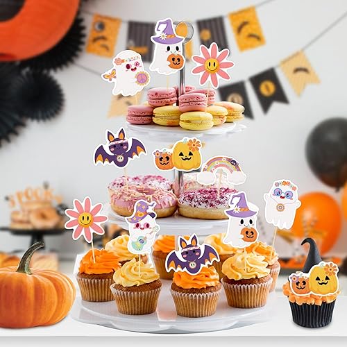 Miniatura 7 de Konsait 24 adornos para cupcakes de fantasmas de Halloween, temática hippie de Little Boo, para fiestas de Halloween, decoración de fiesta de feliz
