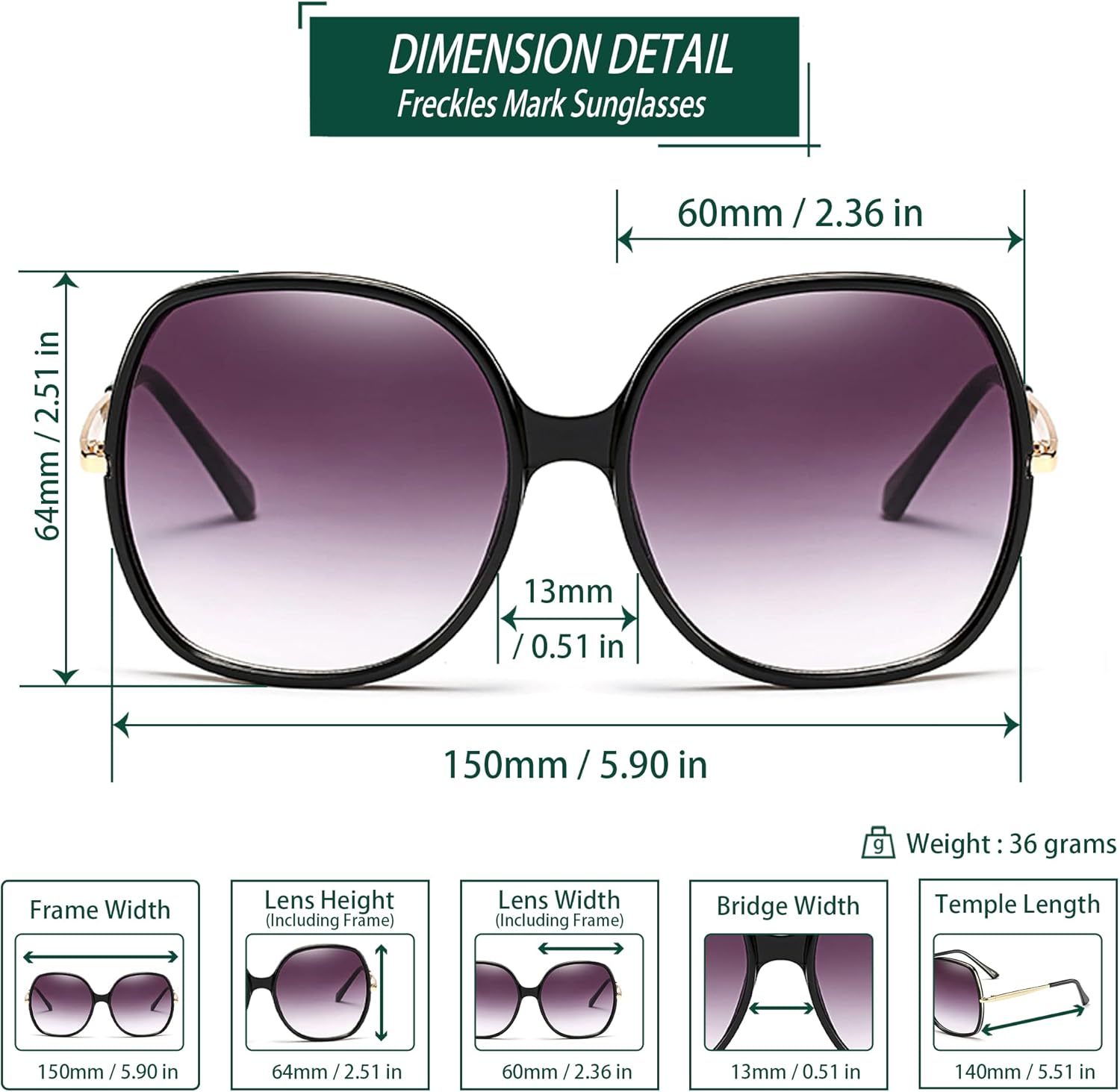 Freckles Mark 70s Super Oversize Square Sunglasses for Women Vintage Rectangular Plastic Frame - Image 6