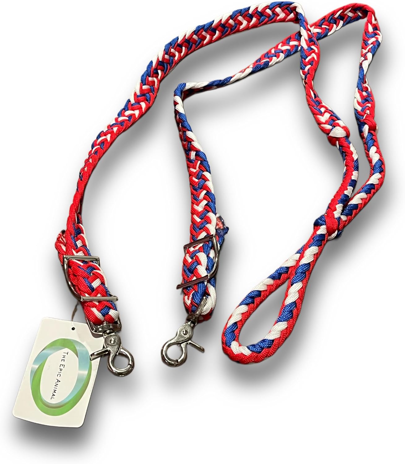 Epic Animal Barrel Reins Braided 8 ft. with 2 NP Scissor Snaps in Red/White/Blue | Maximize Your Patriotism at Independence Day Parades | Celebrate America's 250th Birthday in Style