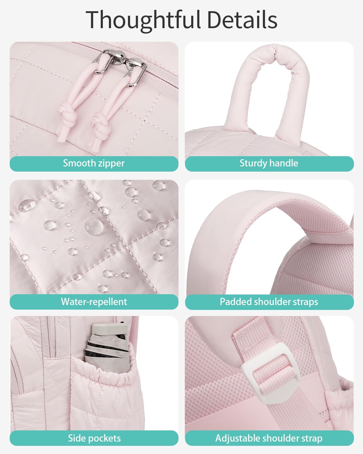 Bookbag for Women, Teen Girls Backpack for High School College Student, Puffer Quilted Back Pack Cute Laptop Backpack for Work Travel Mom Casual Daypack, Pink