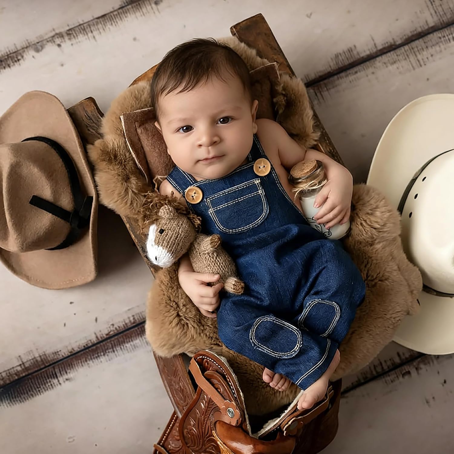 ForBaysy Newborn Photography Props Denim Overalls Set, Baby Photo Shoot Outfits Cowboy Costume Newborn Pictures Romper
