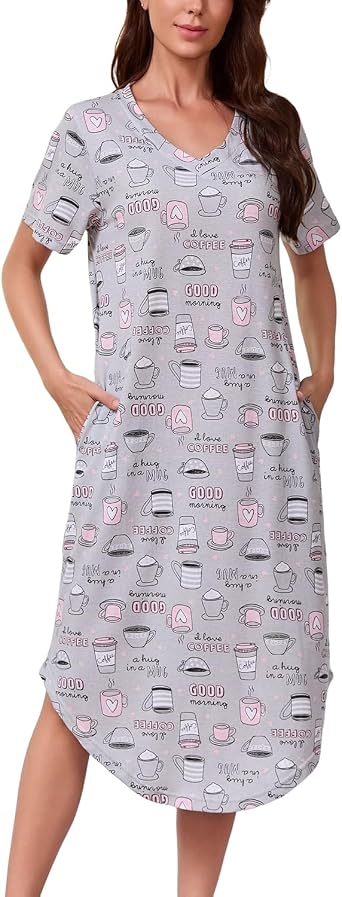 PNAEONG Nightgowns for Women Cotton Short Sleeve Long Nightshirts | Soft Cotton Blend Sleepwear, V-Neck Sleepshirt with Pockets, Long Nightdress, Midi, Below Knee to Mid-Calf, Home, Lounge Wear