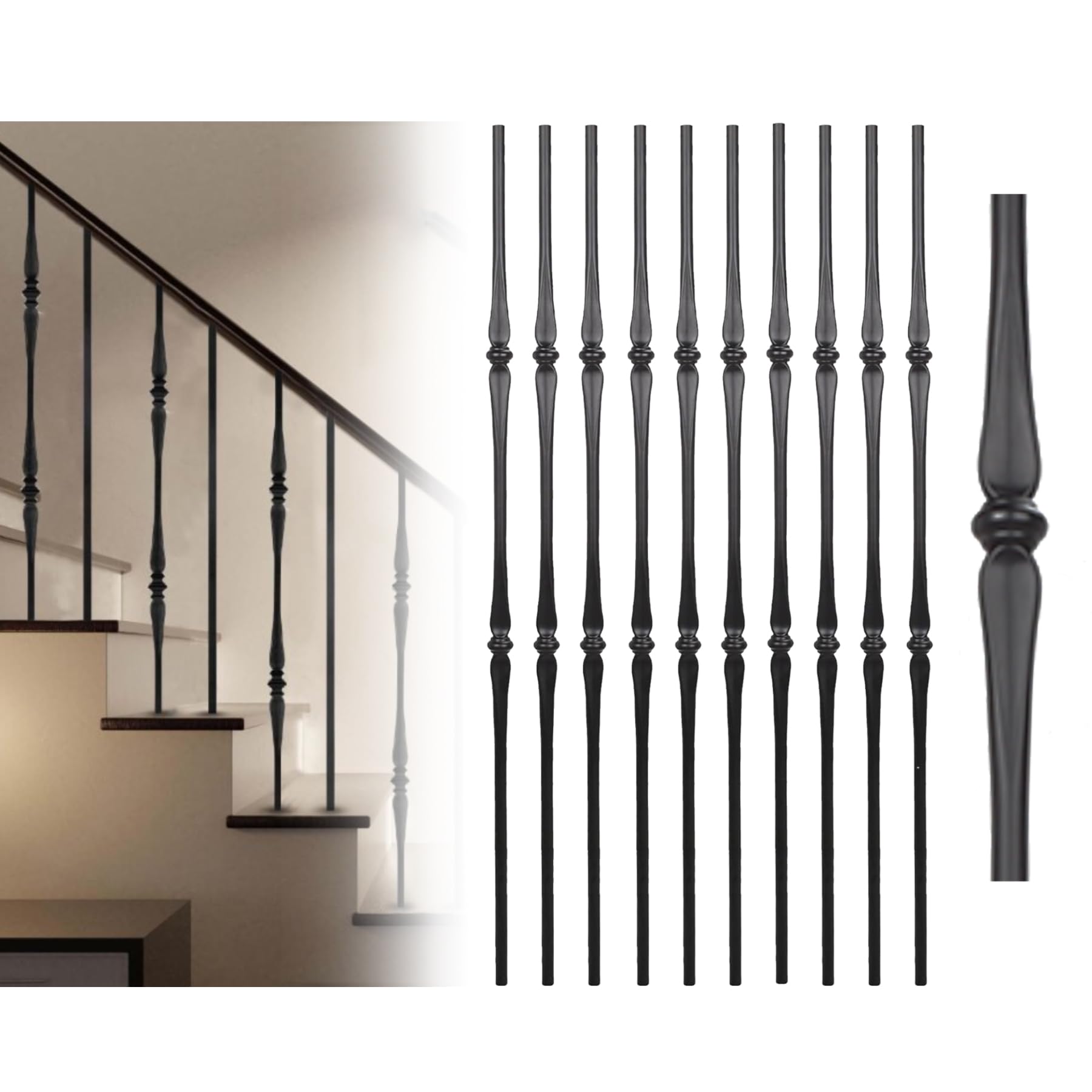 10-Pack Iron Balusters for Staircase,Hollow Double Spoon Stair Balusters,Satin Black Balusters for Staircase Interior,5/8" Round x 44" Long