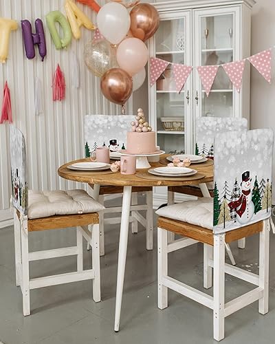 Vista 88 de Fundas para sillas navideñas de muñeco de nieve negro, 4 piezas, fundas traseras de comedor, fundas para árbol de Navidad, protectores extraíbles