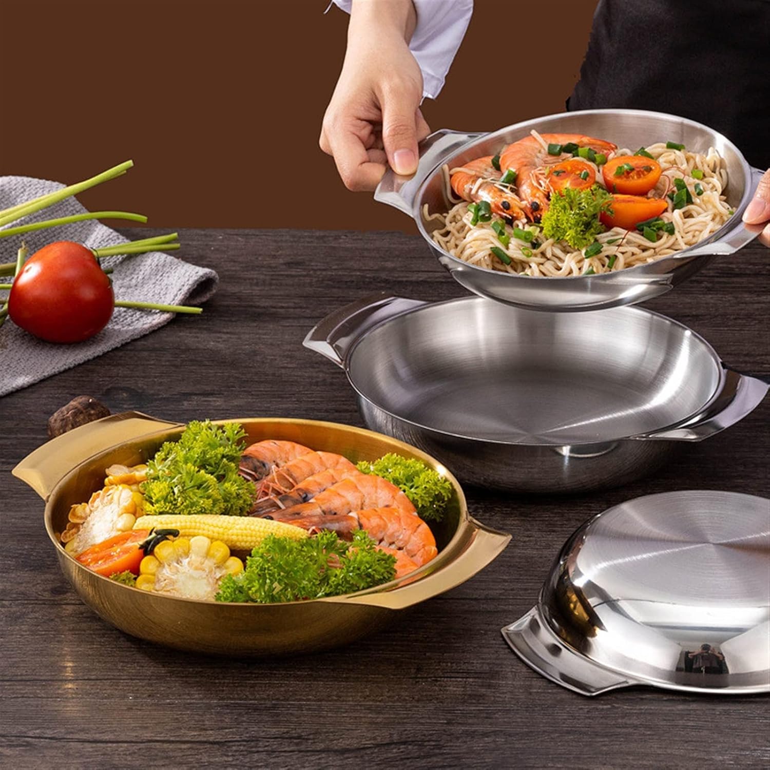 Pans Flat Bottom Stainless Steel Paella Frying Pans with Handles Non-Stick Saucepan Cooking Pot Kitchenware Cookware Kitchen Utensils