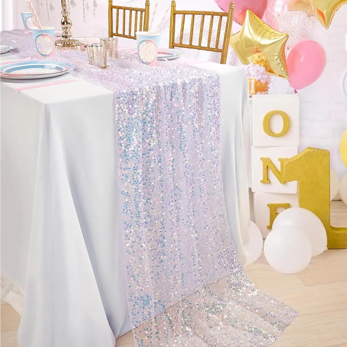 Glitter Iridescent Sequin Table Runner, Soft Table Runner Roll Decor Gauze for Party Wedding Christmas - Purple 30x275cm
