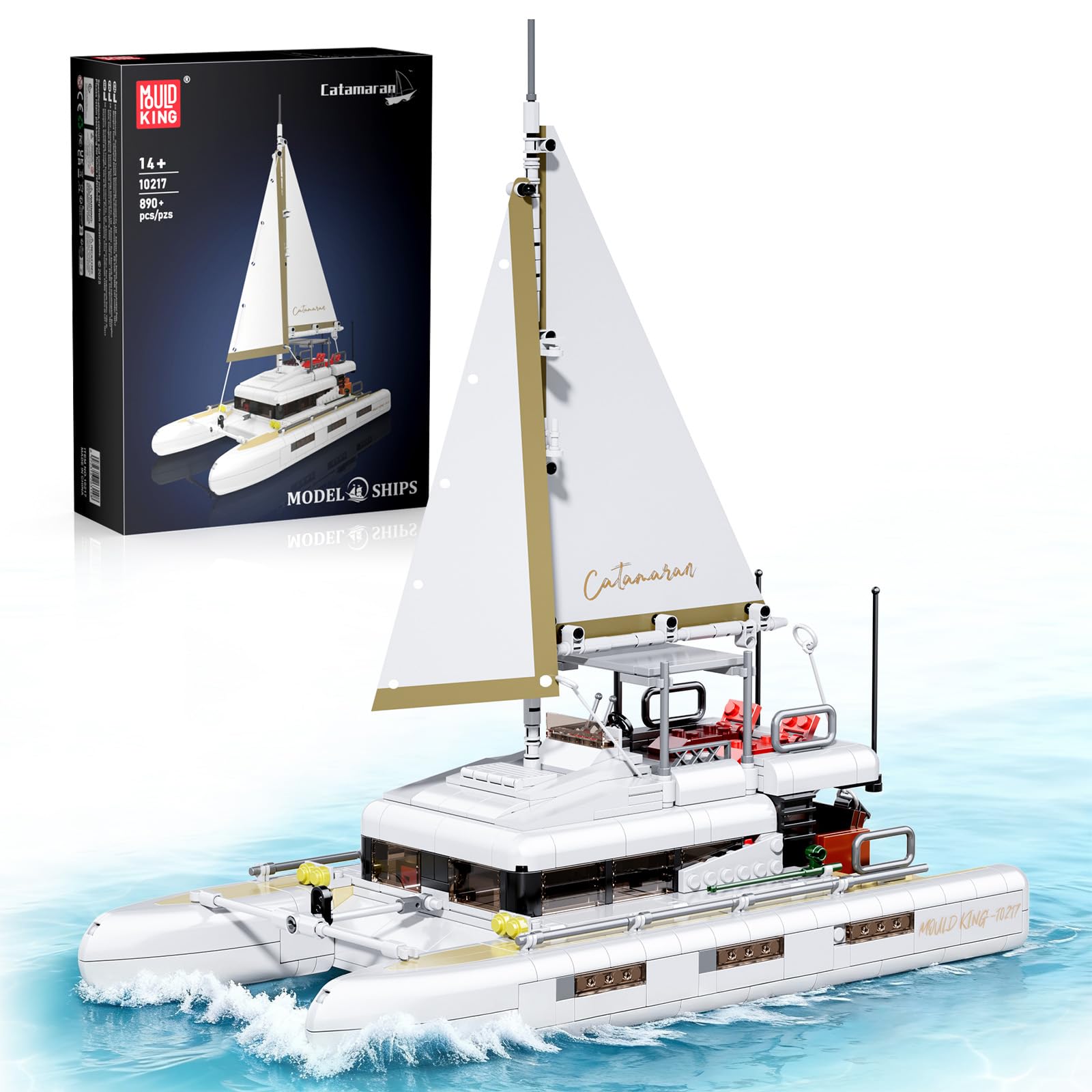 Mould King 10217 Bloques de sujeción Bloques de construcción de buques Velero Catamarán Barco Juguete con Velas de Tela y Zona de tomar el sol Compatible con Otras Marcas (893 piezas)