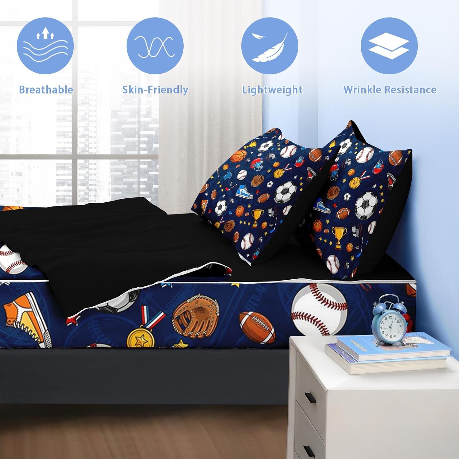 Nesker Twin Zipper Bedding, Football Balls Zipper Bedding Sets for Boys, 3pcs All in on one, Soccer Sport Kids Comforter Set with Fitted Sheet and 2 Pillowcases