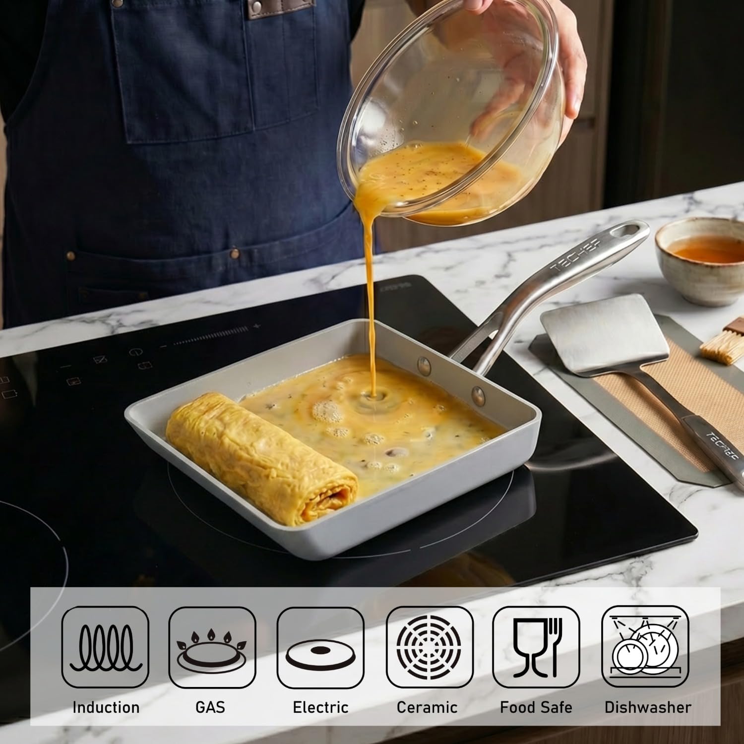 TECHEF - Padella antiaderente in ceramica CeraTerra Tamagoyaki giapponese per omelette e uova, (PTFE, PFAS e PFOA) pronta per induzione, Made in Korea