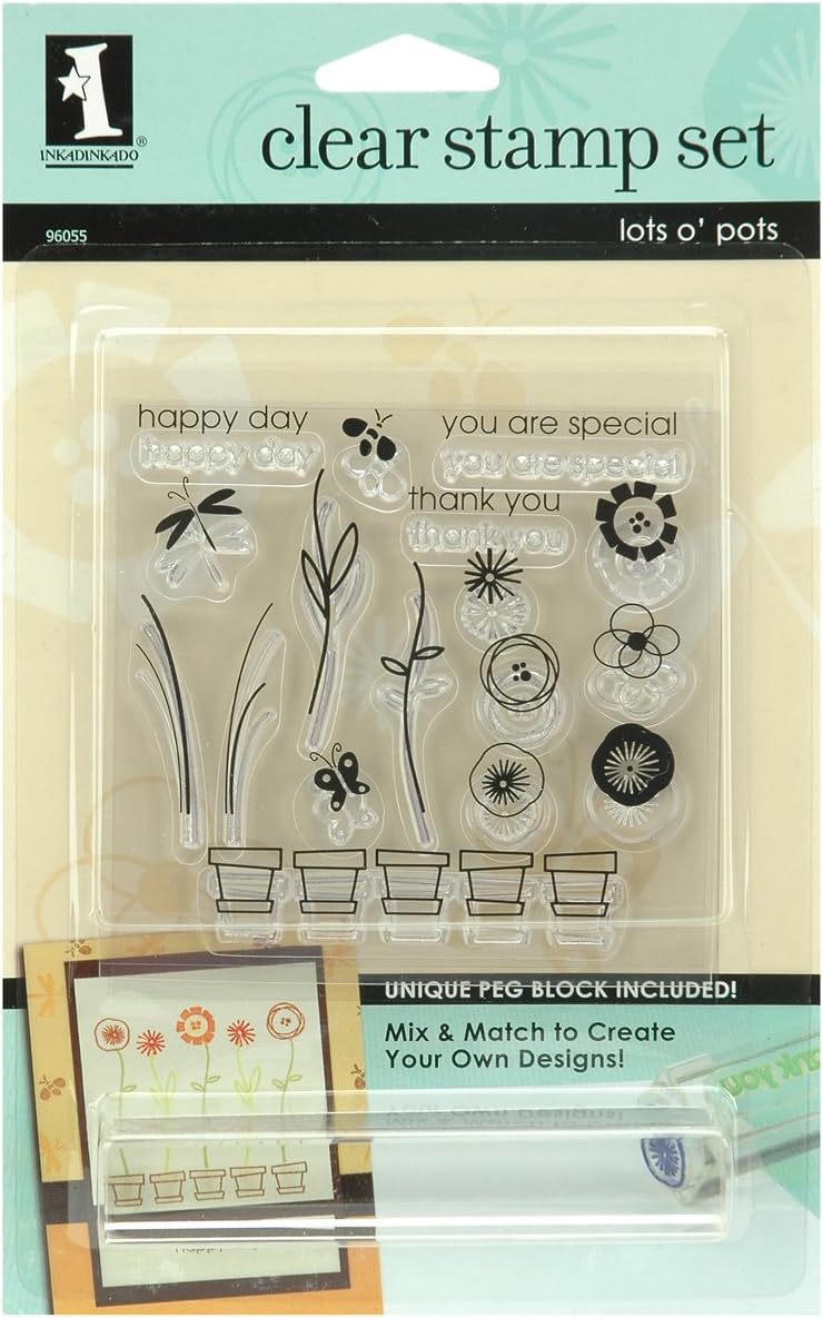 Inkadinkado Clear Peg Stamp Set, Lots O' Pots with Peg Block