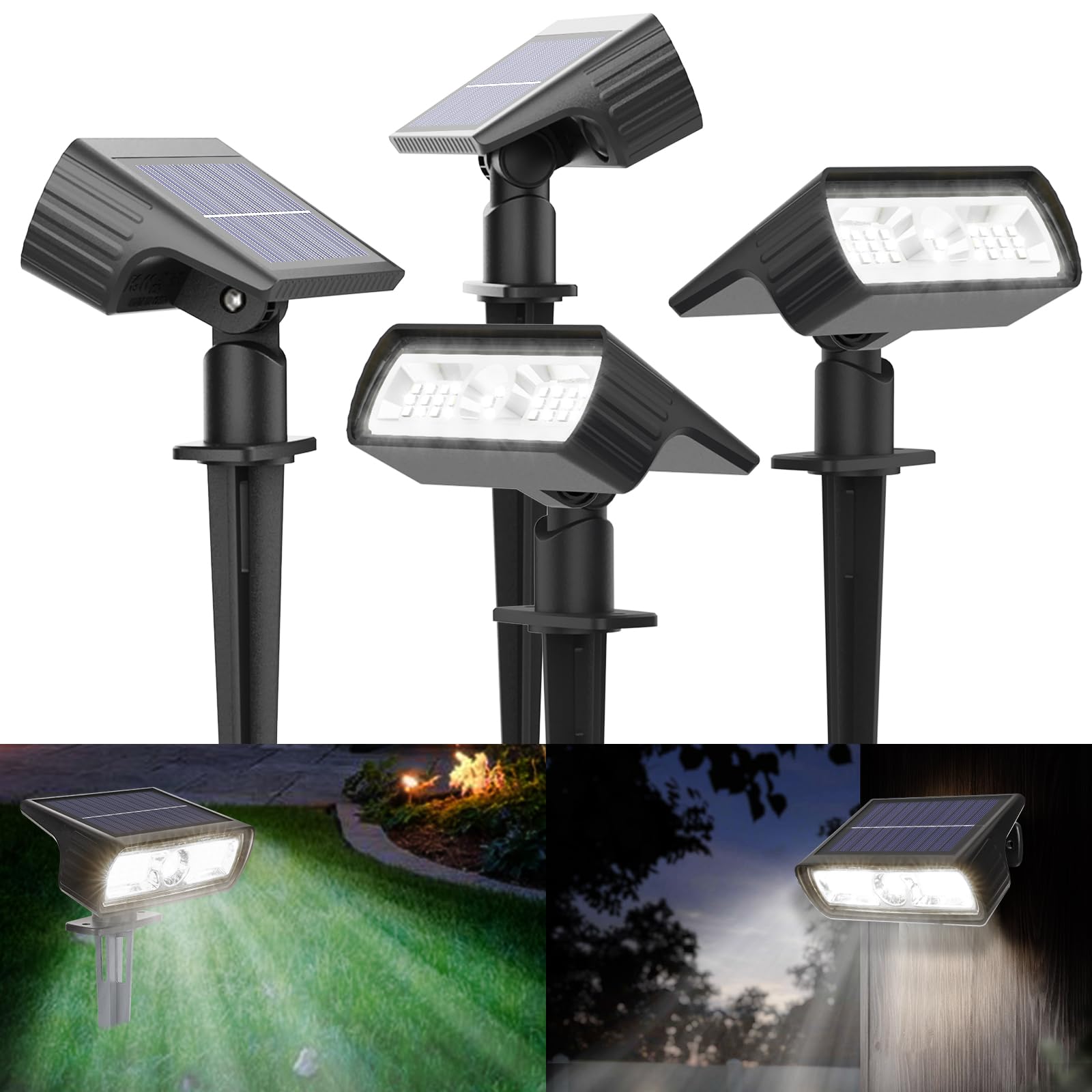 Moxled Solarlampen für Außen Garten, 6500K Kaltweiß Solar Strahler 4 Stück, IP65 Wasserdicht Gartenleuchten, 2 Helligkeitsmodi Solarleuchten für Außen Garten, Hof, Gehweg