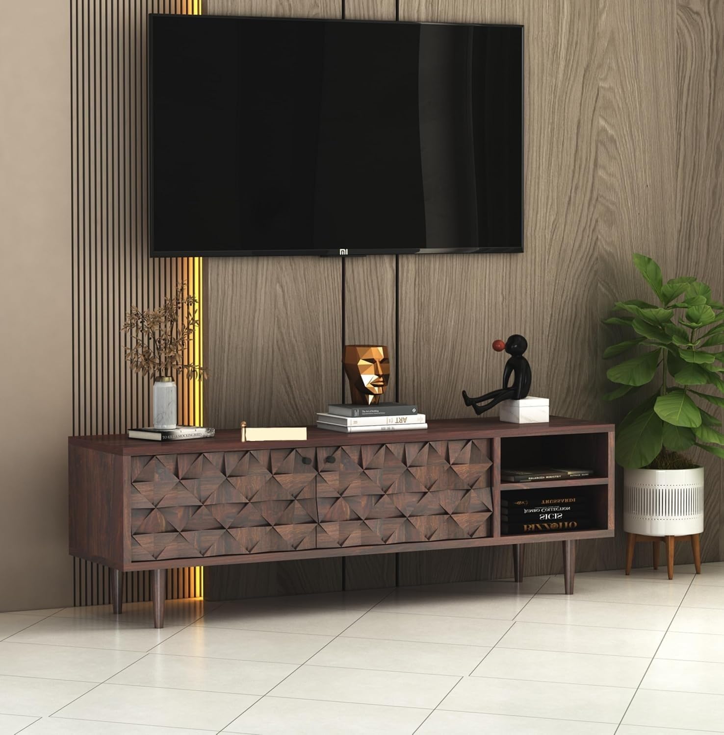 Solid Rosewood Sheehsam TV Entertainment Unit| TV Stand Table| Sideboard Cabinet| Wooen TV Cabinet with Storage for Living Room & Office -Walnut3-image-49
