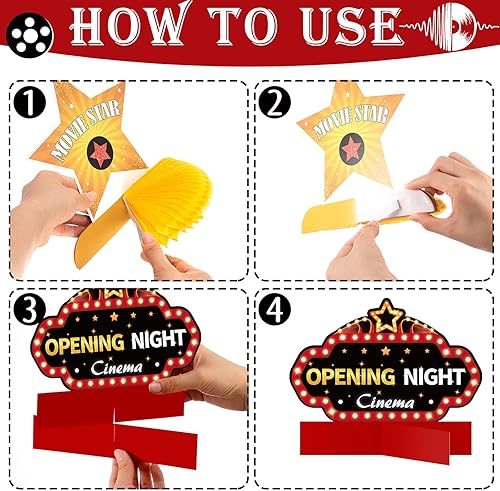 Miniatura 4 de Chinco 12 piezas de decoración de fiesta nocturna de cine, suministros de centro de mesa de panal de abeja 3D, micrófono, boleto, estrella, video,