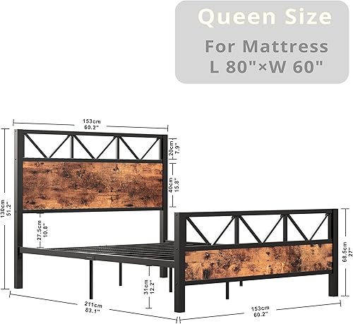 Miniatura 7 de LIKIMIO Marco de cama Queen cabecero industrial alto de 512 pulgadas marco de cama de plataforma Queen con soporte de metal fuerte sólido y estable