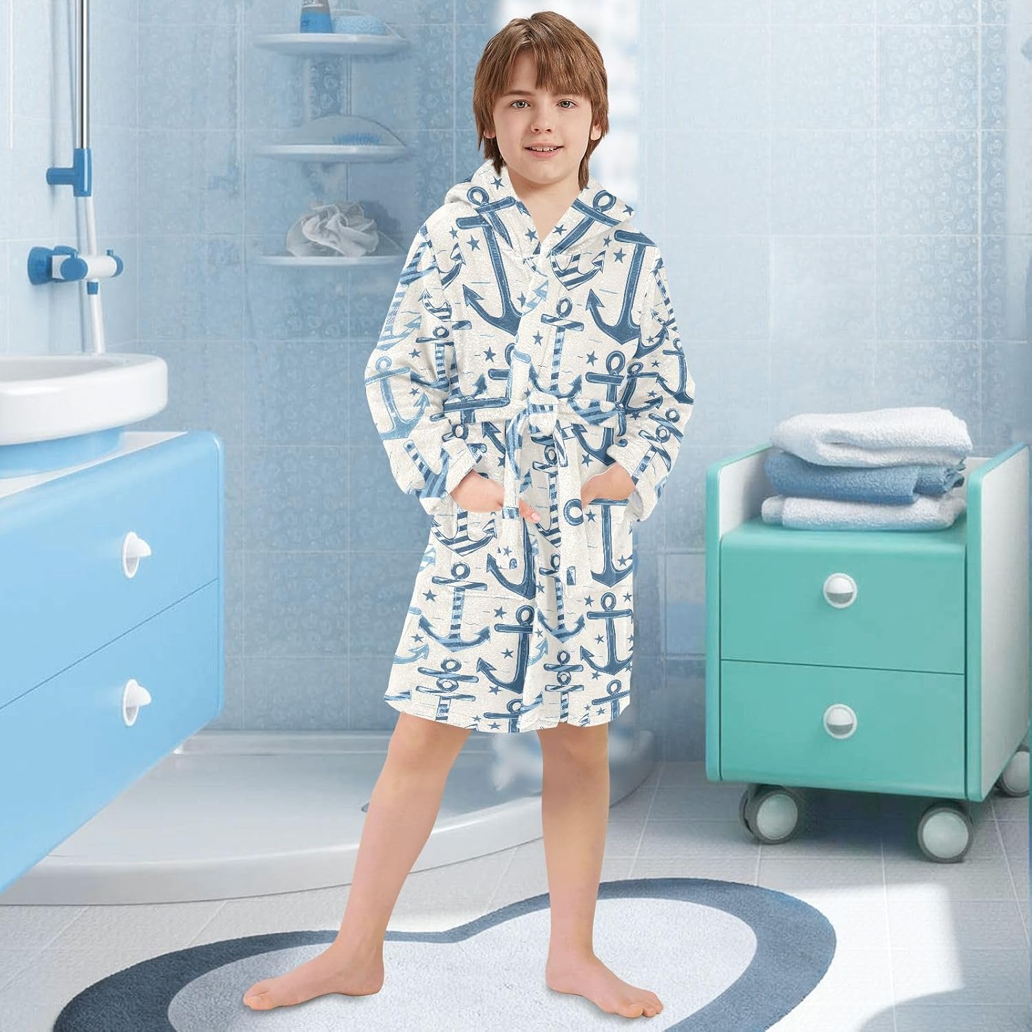 Navy Cartoon Anchor Prints Toddler Hooded Bathrobe for Boys Girls Soft Plush Bath Towel Robe 2-12 Years