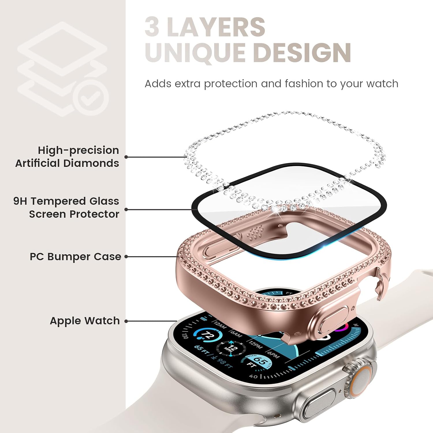 Tensea [3pcs for Apple Watch Ultra 3/Ultra 2/Ultra Screen Protector Case 49mm Accessories, iWatch Hard Diamond Bumper Case Built-in Tempered Glass Film, Protective Bling Face Cover for Women, 49 mm
